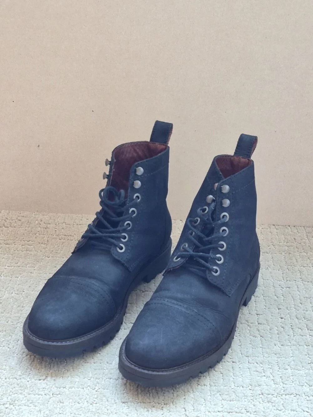 Patina Black Leather Lace Up Boots Men 9 Combat Cap Toe Lug Sole Made Mexico